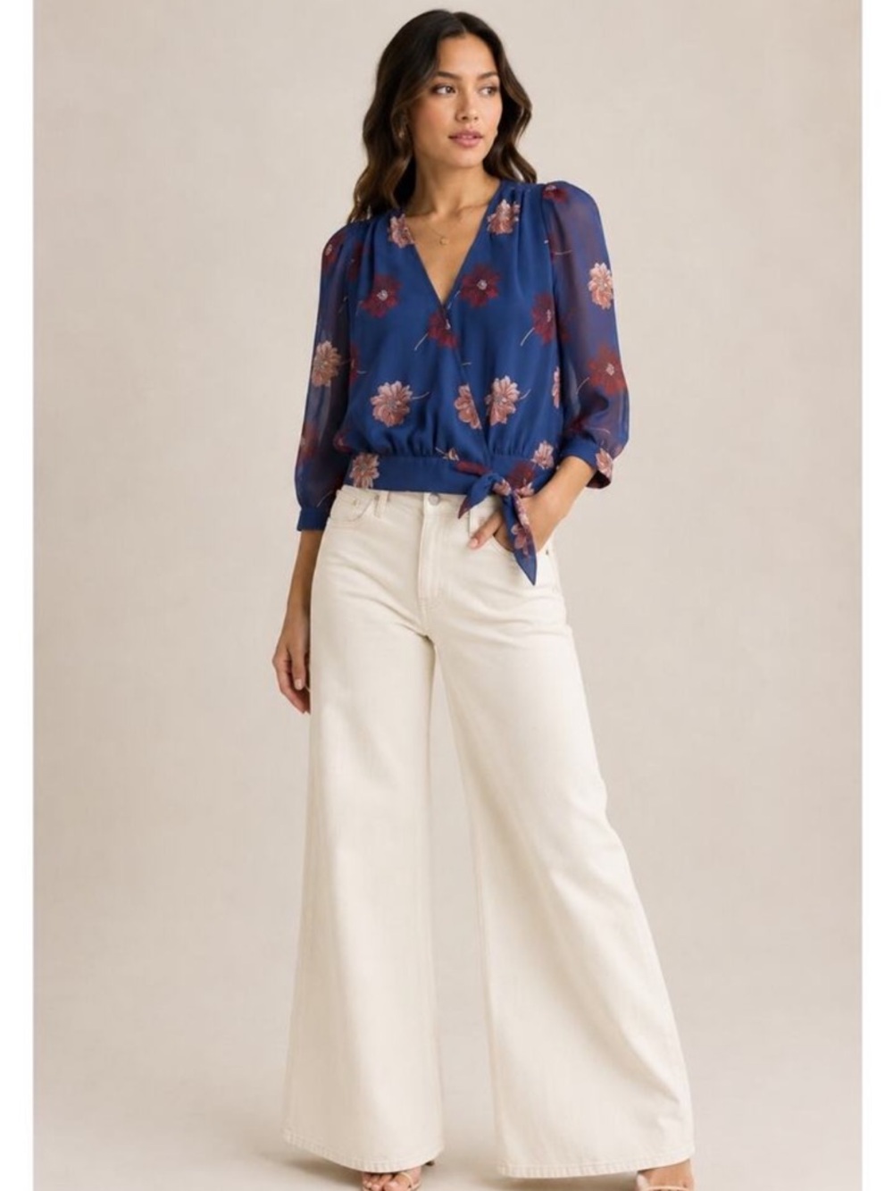 Madewell Effie Floral Wrap Top Blue Tie Blouse Medium Boho